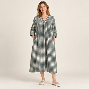 Vestido largo a cuadros con cuello en V y bolsillos, corte holgado, manga tres cuartos, vestido informal de algodón para uso diario - Product Image 1