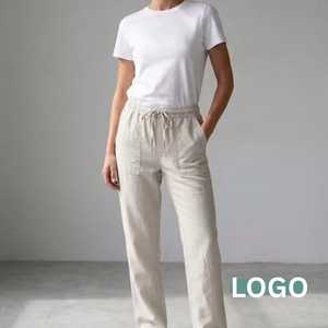 Pantalon en coton taille haute pour femme, coupe droite, devant plat, avec cordon de serrage, couleur unie, décontracté, longueur intégrale, délavé, pour le printemps - Product Image 3