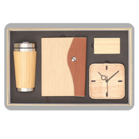 Ensemble cadeau promotionnel 4 pièces en bois et cuir PU, couleur personnalisée, logo personnalisé, carnet, horloge de bureau, porte-cartes, boîte cadeau