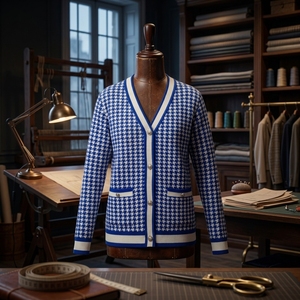 Cárdigan de punto con estampado de pata de gallo para mujer, cárdigan vintage con botones, suéter con ribete en contraste, cárdigan de punto con logo personalizado - Product Image 1