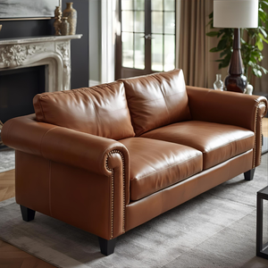 Sofá Loveseat Clásico de Cuero Marrón con Detalles de Tachuelas, Sofá de Cuero de 2 Plazas para Sala de Estar, Vestíbulo de Hotel, Muebles Tradicionales - Product Image 2