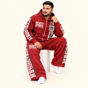 Rexfit sports 2026 Custom Custom Men’s <b>Red</b> Distressed Tracksuit Graphic Zip Up <b>Hoodie</b> and Wide Leg Pants Oversized Hip Hop - Product Image 5