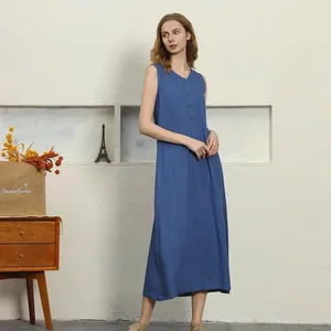 <b>Bohemian</b> Blue Cotton Linen Midi <b>Dress</b> V-Neck With Buttons Sleeveless Loose Fit Summer Casual Women <b>Maxi</b> <b>Dress</b> - Product Image 3