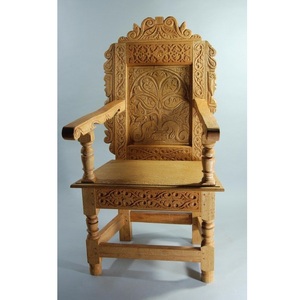 Fauteuil Trône de Luxe Artisanal en Bois Massif, Ornements Floraux Mandala Sculptés, Naturel - Product Image 1