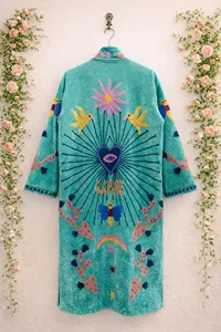 Turquoise Embroidered Velvet Long Suzani Jacket With Floral And <b>Bird</b> Pattern <b>Stand</b> Collar Full Sleeve Boho Style Winter Wear - Product Image 4