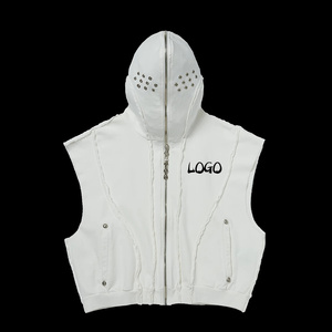 Custom Embroidered Letter Logo Printed Hooded Tank Top <b>Sleeveless</b> Gym Hoodie Full Zip up Vest <b>Hoodies</b> for Men - Product Image 3