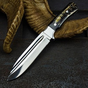 Cuchillo Bowie de Caza Vikingo Hecho a Mano OEM, Acero Inoxidable, Punta Caída, 3mm de Grosor, 13" de Longitud Total, Mango de Cuerno, Funda de Cuero - Product Image 1