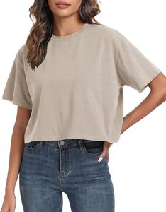 Camiseta Corta de Cuello Redondo Azul para Mujer, Corte Holgado, Color Sólido, Informal, Tejido de Punto Jersey, Transpirable, para Primavera/Verano - Product Image 5