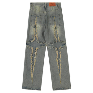 Jean baggy homme personnalisé effet vieilli, coupe droite, en denim brut de coton, avec boutons décoratifs, respirant, motif uni - Product Image 2