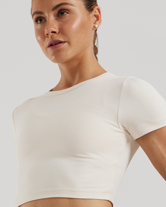 Ivory Crop <b>Top</b> Short Sleeves Crew Neck Minimalist Style Breathable Four-Way Stretch Knitted Polyester/Cotton <b>Sequined</b> Women - Product Image 5