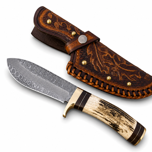 Cuchillo de acero de Damasco forjado a mano: mango de cuerno, funda de cuero, regalo para él, regalos para hombres, regalos de boda - Product Image 1