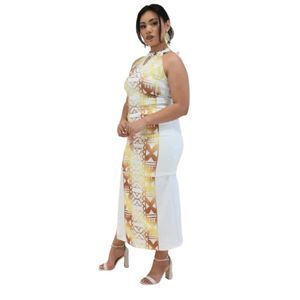 ชุดพูเลตาซีสีขาวทองสุดหรู – ชุดเดรสแบบสองชิ้นลายเอเลอแบบผูกคอ สไตล์ดั้งเดิมของชาวซามัว - Product Image 1