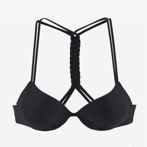Conjunto de bikini de 2 piezas para mujer, negro liso, con aros, cuello en V, sujetador push-up, top halter, braga brasileña transpirable con lazo lateral - Product Image 3