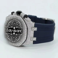 Montre de luxe mécanique avec breloque en moissanite, style hip-hop, bracelet en caoutchouc bleu, cadran argenté entièrement serti de pierres, déclaration de mode personnalisée