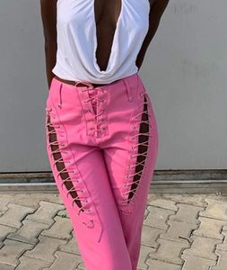 Pink High Waist Gothic Leather <b>Pants</b> Lace-Up Hollow Design <b>Y2K</b> Style Winter Straight Full Length Formal Spandex Polyester Fabric - Product Image 6