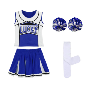 Lucky <b>Cheerleading</b> Uniform Blue White Skirt Style Children's <b>Costume</b> With Pom Poms - Product Image 2