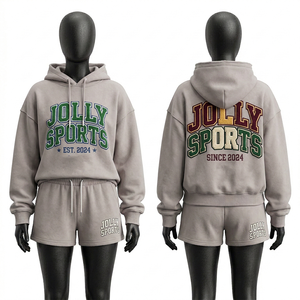 Conjunto de Sudadera con Capucha y Pantalones Cortos de Felpa de Algodón y Poliéster Suave para Mujer, Color Gris Verde Dorado, con Estampado Puff y Logotipo Personalizado - Product Image 4