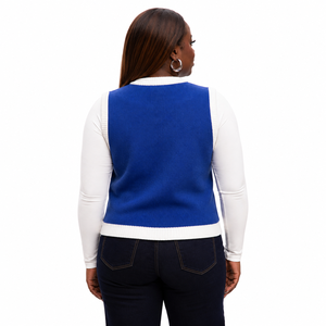 Cardigan en tricot bleu pour femme, col en V, boutons sur le devant, manches longues, couleur contrastée, style classique, pull-over - Product Image 3