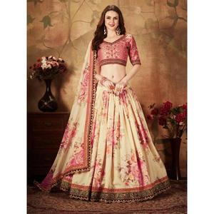 Delicioso beige-melocotón estampado floral Lehenga Choli blusa y camisa de organza para mujer - Product Image 2