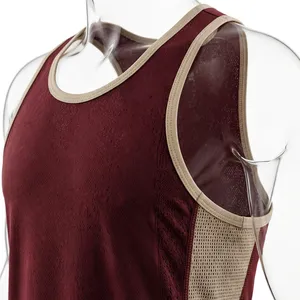 AMKOOR ENTERPRISES Débardeur de sport respirant pour homme, col rond, tricoté, 100 % polyester – Gilet de gym en maille bordeaux foncé et beige sable - Product Image 6