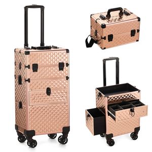 Valigia da toilette con motivo a rombi champagne, cassetti scorrevoli e piatti, ruote staccabili e maniglia in PU - Product Image 1