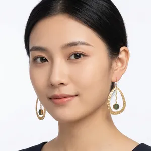 Beautiful Round Raw Green Strawberry Quartz Hanging <b>Chain</b> Drop Dangle <b>Earrings</b> Gold Plated Hammered Finish Statement <b>Earrings</b> - Product Image 1