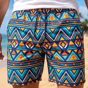 Geometric Print Woven Casual Men's Swim Shorts Drawstring <b>Elastic</b> Waist Quick Dry - Product Image 5