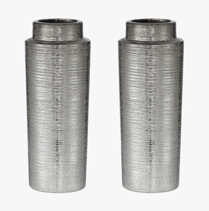 Ensemble de 2 vases décoratifs en métal argenté - Vases cylindriques texturés de grande taille pour la décoration moderne et luxueuse de la maison, centre de table - Product Image 1