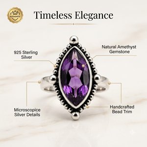 Anillo de cóctel de amatista natural con corte marquesa, engaste de bisel de plata de ley 925, joyería fina para mujer - Product Image 4