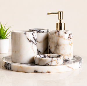Ensemble d'accessoires de salle de bain en marbre de qualité supérieure, 4 pièces, en pierre naturelle, fabriqué à la main, distributeur de savon liquide, porte-brosse à dents, plateau pour la maison - Product Image 5