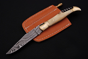 Hand Forged Damascus Folding <b>Knife</b> Cream <b>Bone</b> <b>Handle</b> Brass Fittings Outdoor Hunting Pocket <b>Knife</b> OEM ODM - Product Image 4