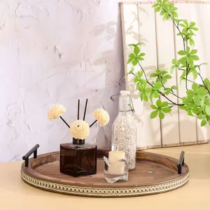 Round Wooden Serving Tray With Metal Handles 16 Inch Handmade Retro Design Solid Color <b>Decorative</b> <b>Plate</b> - Product Image 6