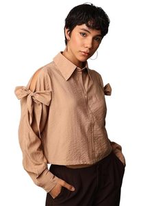 Camisa informal de manga larga con lazo para mujer - Product Image 1