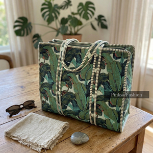 Bolso de mano de algodón acolchado con hojas de plátano tropicales al por mayor, con bolsillo interior con cremallera, estilo Jaipur Block Print, ideal para el mercado. - Product Image 4
