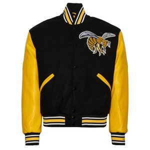 New <b>Men's</b> Black And <b>Yellow</b> Varsity <b>Jacket</b> With Bee Embroidery Front Logo Casual Autumn Wear PU Leather Sleeves Turn-down Collar - Product Image 2