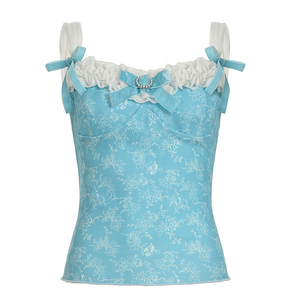 New Style Floral Print Tank <b>Top</b> Plus Size Women's Ruffled Collar With Ribbons Spring Fashion <b>Blue</b> Woven Fabric - Product Image 1