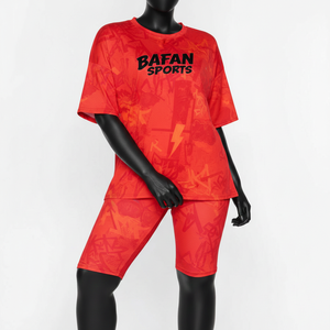 ชุดเสื้อยืดและกางเกงขาสั้นผู้หญิง ผ้าโพลีเอสเตอร์ผสมสแปนเด็กซ์ สีแดงส้ม สำหรับเล่นกีฬา สกรีนโลโก้ตามสั่ง เสื้อยืดผ้าฝ้าย 100% ชุดเสื้อยืดและกางเกงขาสั้น - Product Image 6