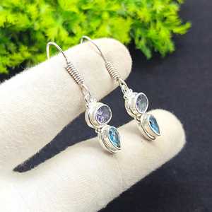 Pendientes Colgantes de Amatista y Topacio Azul NG-033 de Nikhil Gems, Plata de Ley 925, Joyería Vintage Oxidada, Regalo para Mujer - Product Image 2
