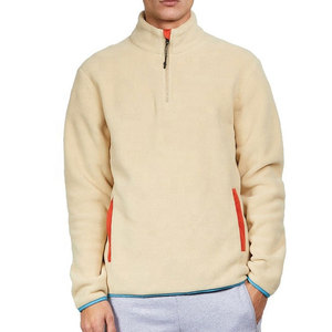 <b>Men's</b> Beige Fleece Quarter <b>Zip</b> Pullover Regular Fit Solid Color Casual Stand Collar <b>Sweatshirt</b> with Orange Side Panels Blue Trim - Product Image 3