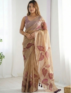 Sari de Tela con Estampado Floral para Mujer KV, para Uso Diario, con Blusa sin Coser (Beige), Antiarrugas, de Secado Rápido, de Seda y Viscosa, para Otoño - Product Image 1