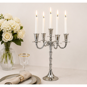 Candélabre en métal exclusif à 5 bras, porte-bougie argenté, centre de table pour mariage, fête et décoration d'événements, vente en gros - Product Image 2