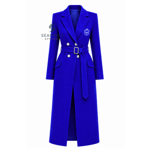 Manteau trench long cintré croisé bleu roi pour femme Zeta Phi Beta, à revers crantés, manches longues, coupe ajustée, vêtement d'extérieur formel - Product Image 1