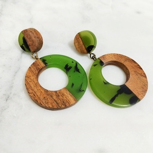 Handcrafted <b>Green</b> Epoxy Resin & Wood Hoop <b>Earrings</b> Nature Inspired Statement Jewelry - Product Image 1