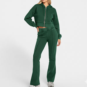 High Quality 100% Cotton Fleece Winter Baggy Cropped Zipper Hoodie Jogger Set Women's Custom logo Solid Color <b>Green</b> 2 Piece Set - Product Image 6
