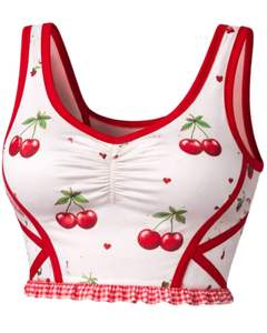 Ensemble jupe deux pièces pour femme, imprimé cerises blanches et rouges, comprenant un crop top sans manches et une mini-jupe taille haute, extensible, tenue d'été - Product Image 2