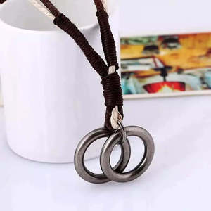 Vintage Alloy Double Ring Pendant <b>Necklace</b> with Pure <b>Leather</b> Cord for <b>Men</b> & Boys - Product Image 2
