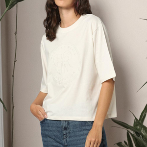 Servicio OEM, Camisetas de Algodón Negras para Mujer, Cuello Redondo, Bordado de Alta Calidad, Impresión Personalizada - Product Image 1