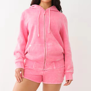 Conjuntos de ropa para mujer de 2 piezas, transpirables, lisos, teñidos, vintage, con efecto lavado ácido, con pantalones cortos y sudaderas con capucha de manga larga, en MOQ bajo. - Product Image 5