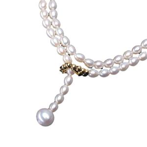 Collier de perles d'eau douce en forme de riz de 4-5 mm, presque sans défaut, chaîne en Y, lumière intense, réglable - Product Image 5