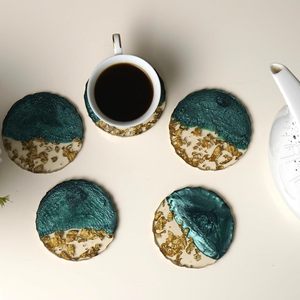 Resin Coaster Green & Gold for Tea Coffee <b>Table</b> & Dining <b>Table</b> - Product Image 1